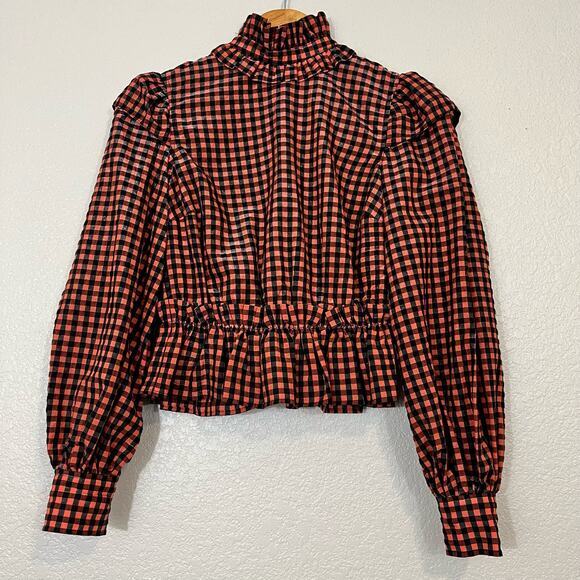 GANNI Blouse Womens 32 XXS Gingham Ruffle Check Seersucker Eco‎ Friendly - Picture 1 of 10
